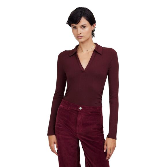 Madewell Burgundy Stretch Polo Top XS Long Sleeve Collared Jersey NWT - Picture 1 of 8